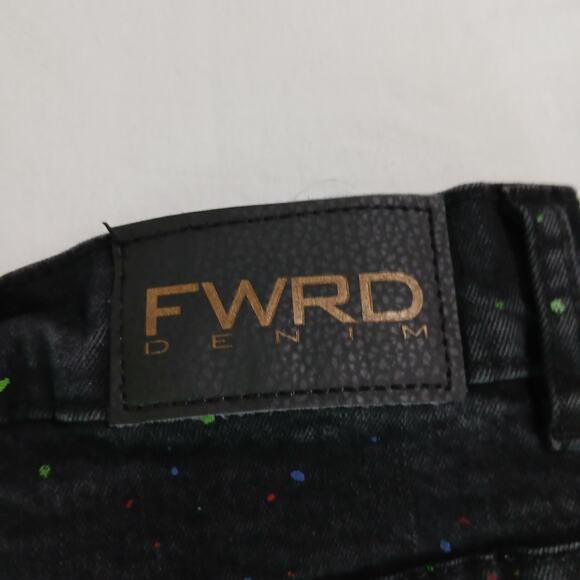 FWRD Denim 42 black skinny jeans paint splatter effect inseam 34 inset knees - Picture 8 of 12